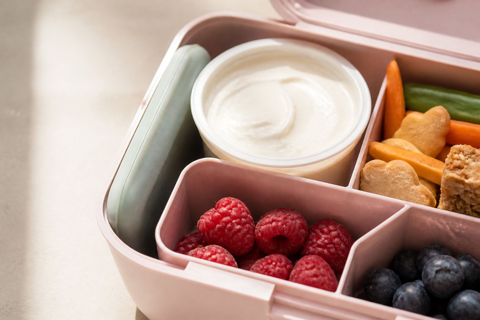 A slim ice pack sliding into the side well of a kids bento