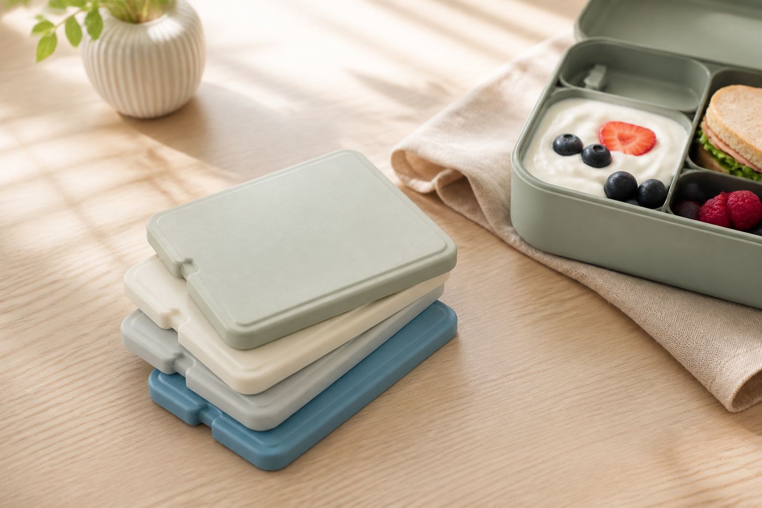 Four slim ChillSlab ice packs next to an open kids bento
